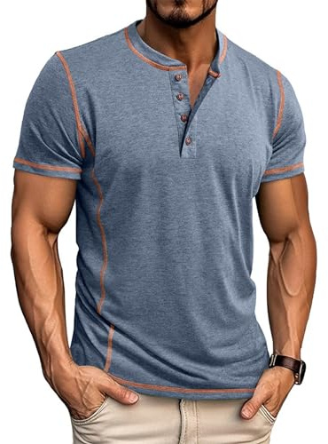 Men's Henley Shirt Cotton Buttons Basic Summer Short-Sleeved T-Shirts for Men