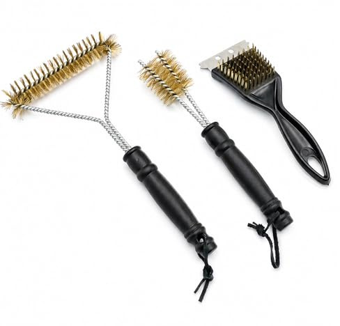 3 Stück Messingbürste Grill,Grillbürste Edelstahl mit Schaber, 2-in-1 Doppelkopf Grill Reinigungsbürste für Gussrost, Gasgrill, Elektrogrill und Holzkohlegrill,Gusseisengrill