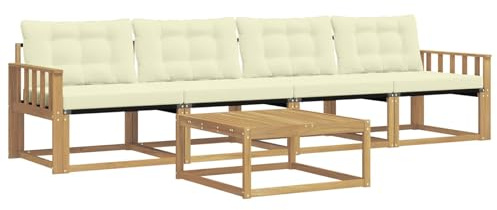 Foknhdi Juego de muebles de jardín de madera maciza de acacia, 5 piezas, muebles de salón con tapicería, conjunto modular para jardín y terraza, color blanco y crema, 79 x 79 x 37 cm
