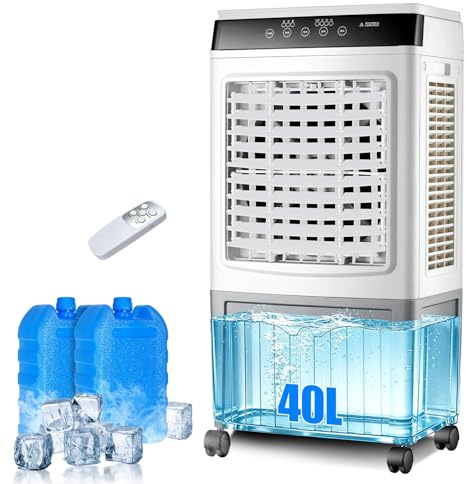 Climatizador Evaporativo Industrial 40L con Mando a Distancia, Bloques de Hielo Incluidos, Ventilador Comercial Extra Potente, Bajo Consumo, Enfriador de Aire Profesional para Tiendas y Talleres