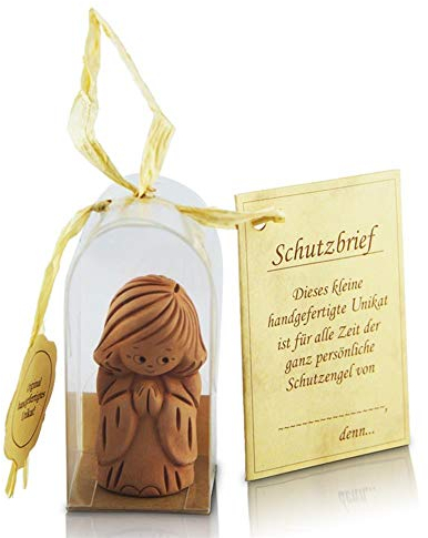 Traumzauberbaum art 320 decor Schutzengel Ton stehend in Verpackung Original handgefertigtes Unikat, Hellbraun, 3 x 3 x 7 cm