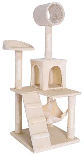 lionto Klösträd för katter med hängmatta & tunnel, höjd 133 cm, kattträd med sisalsnöre & mjuk plysch, mysiga liggytor & kojor, passar små & stora katter, beige