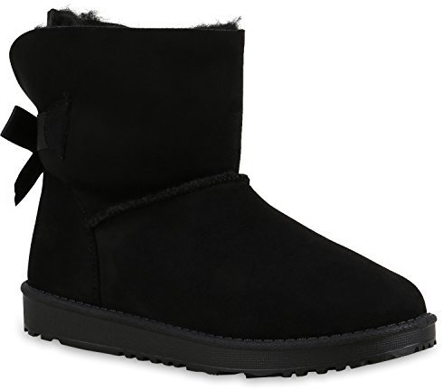 Warm Gefütterte Boots Damen Stiefeletten Schleifen Kunstfell Schlupfstiefel Schlupfstiefeletten Schuhe 129578 Schwarz Schleife 39 Flandell