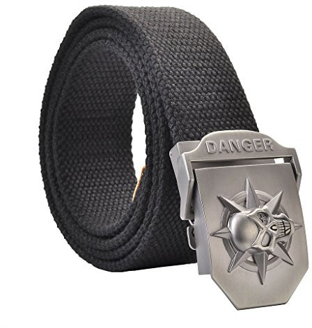 FALETO Herren Gürtel Freizeit Herrengürtel mit 3D Schädel Totenkopf Schnalle aus Leinwand Canvas Belts 130CM Schwarz+ Original Geschenkbox