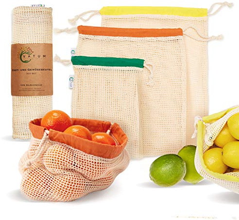 Vatum Obst- und Gemüsebeutel - 3er Set Einkaufsnetze aus Bio-Baumwolle (GOTS) inkl. E-Book - Wiederverwendbare Baumwollbeutel für EIN plastikfreies Leben - umweltfreundliches Gemüsenetz - Obstnetz