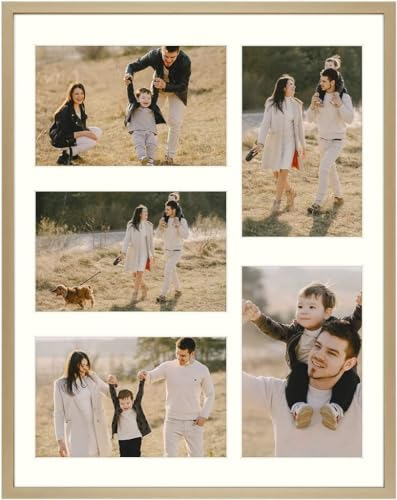 Frametory - 11x14 Aluminum Collage Picture Frame - Display 4x6 Pictures with 5 Openings Mat - Real Glass Front - Horizontal/Vertical Wall Mount - Gold 1 Pack