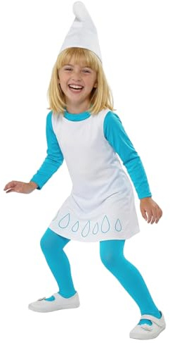 Funidelia Disfraz Oficial de Pitufina para niña, Incluye vestido con cola incluida, medias, gorro, Los Pitufos - Traje para niños para fiestas, Carnaval y Halloween, Talla 7-9 años