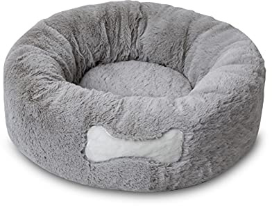 Mikki Hunde-, Katzen-, Welpen-, Kätzchen-Design, ultraweiches graues Kunstfell, beruhigendes Donut-Bett, rundes Kissen, Kuscheltier – klein