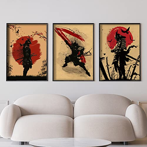 IUNTWEIE Japanische Samurai Leinwand Bilder, Japanische Bushido Poster Wandkunst, Krieger Leinwand Malerei für Wohnzimmer Schlafzimmer Dekor, ohne Rahmen(3x40x60cm)