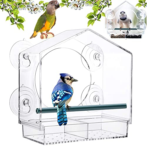 Vogelfutterstation Fenster Futterhaus für Vögel, Vogelhaus Fensterscheibe mit Saugnäpfen, Futterspender für Wildvögel, Finken, Kardinal, Bluebirds Acryl mit Saugnäpfe 21X20X10cm