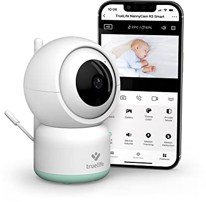 TrueLife NannyCam R3 Smart Überwachungskamera Innen, FullHD-Auflösung Kamera, Babyphone mit Kamera mit Bewegungserkennung, 2-Wege-Audio, Nachtsicht zu 10m, bis zu 128 GB Speicher auf SD Karte, Weiß