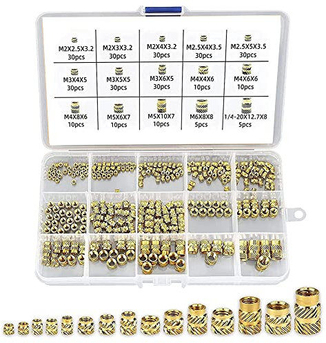 DAZZLEEX 300pcs Inserts filetés M2 M2.5 pour M3 M4 M5 M6 Insert écrou Douille filetée en Laiton avec boîte de Rangement pour Assemblage de Meubles en Bois Artisan
