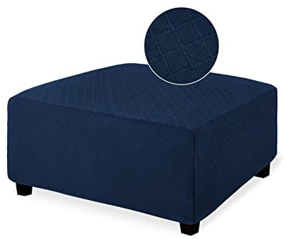 NeColorLife Ottoman Cover Square Large Slipcover Stretch Footrest Stool Covers Furniture Protectors Washable Diamond Lattice Jacquard Fabric with Elastic Band,Large Size,Navy Blue