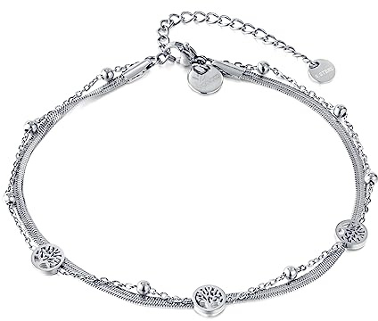VICKWOOD Lebensbaum Fußkettchen für Damen bis 30cm Edelstahl - Armband Damen Gold 17cm Schwarz/Rosegold/Silver - Fussketten für Frauen Gold - Fußkette Damen