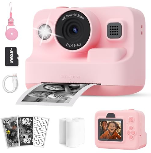 KinderKamera - DigitalKamera Sofortbildkamera Print 2.4 Zoll Bildschirm Videokamera Fotokamera mit 32GB Speicherkarte, 3 Rollen Druckpapier, 6 Farbigen Stiften Geschenk für Kinder 3-12 Jahren (Rosa)