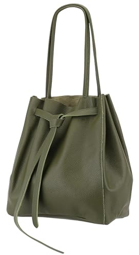 SH Leder ® Damen Echt Rindleder Shopper mit schleife und Innentasche in vielen Farben Schultertasche Henkeltasche 29x33cm Sandra G535 (Olivgrün)