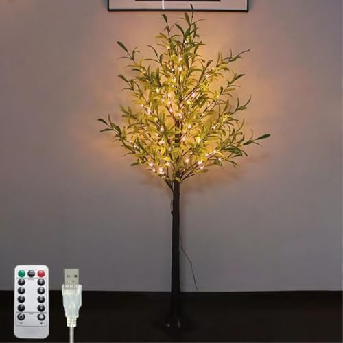 LOGT Árbol de olivo artificial de 180 cm, 300 ledes, luz blanca cálida, USB con mando a distancia, 8 modos de luz, árbol decorativo, plantas verdes artificiales, para Navidad, bodas, fiestas, 180 cm