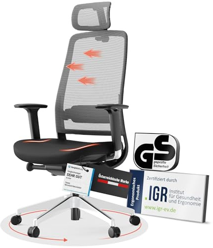 Yaasa Chair Expert Schwarz, Premium-Bürostuhl, Zertifiziert&getestet, 150kg | Premium-Komfort: 4D-Armlehnen, Flex-Rückenlehne mit gepolsterte Lendenwirbelstütze, 2D-Kopfstütze, Schreibtischstuhl für Büro