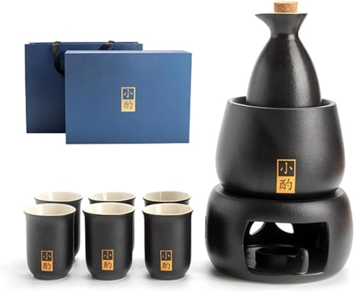 Set per Sake con scaldavivande, Set Tradizionale per saka Caldo 6 Pezzi 1 pentola 6 Tazze (1 pentola 6 Tazze fornello a Candela)