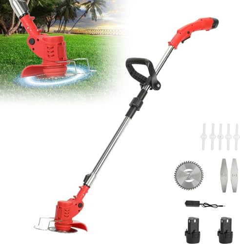 3 en 1 Coupe Bordure sans Fil avec Batterie, Tondeuse À Gazon, Batterie 12v 2000mah 2 Cellules, Tondeuse Légère, Arbre Télescopique 450 Watts, Désherbeur Électrique