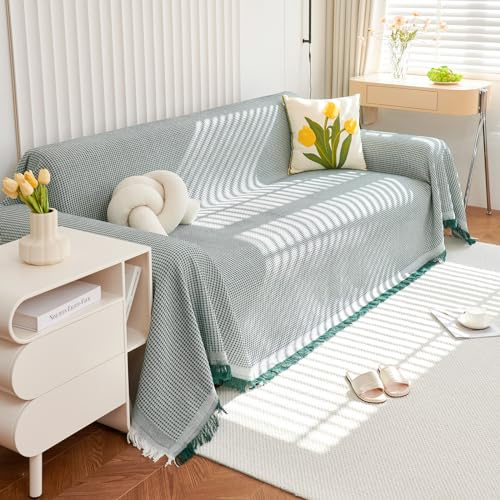 VanderHOME Copridivano Super Soffice, Plaid divano Decorativa a Motivi Moderni in cotone Waffle con Frangia per Divano/Letto/Esterno, Copriletto Multiuso Divano 180 * 260cm-Verde