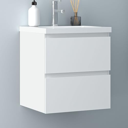 Biubiubath Badezimmermöbel 50cm Mineralguss Waschtisch mit Unterschrank Badmöbel Set Badezimmerschränke mit 2 Soft-Close Schubladen Weiß Matt