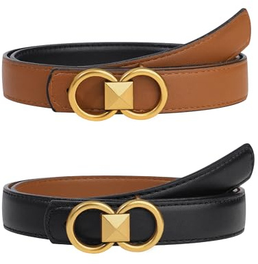 Kajeer Cinturón reversible para mujer - Cinturón negro de mujer de cuero PU para vaqueros pantalones vestidos con hebilla dorada extraíble