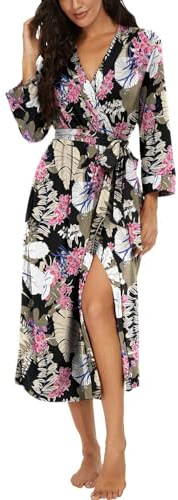 PrinStory Damen Bademantel Leichter 3/4 Ärmeln Morgenmantel V-Ausschnitt Kimono Roben Langes Nachtwäsche