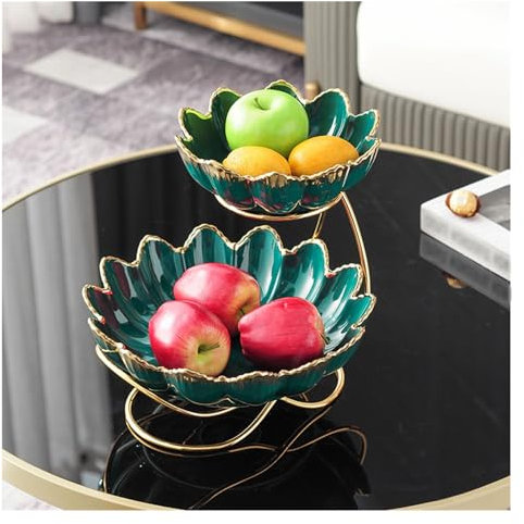 Fruit Basket Ceramic Tiered Serving Bowls Tray，2 Tier Ceramic Fruit Bowl with Metal Stand for Sushi, Dessert, Fruit, Vegetables, Appetizer, Cake Decorative Fruit Bowl (Color : Green-A)