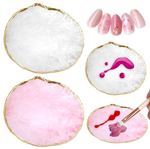 Nagelkunst-Palette aus Kunstharz, Goldkante, Farbmischpalette, runde Nagelmalerei-Präsentationstablett, Kosmetik-Mixwerkzeug, Nagelkunst-Zubehör für Nagel-DIY-Zubehör (Weiß / Rosa)