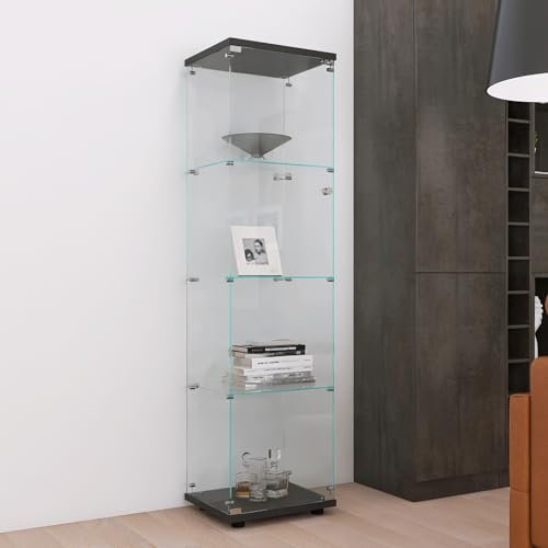 BPKADHY glasvitrinskåp, vitrinskåp med lås och 1 dörr 4 våningsvitrinskåp med glas samlarvitrinskåp för samlarobjekt, böcker, modeller (1 dörr, 4 våningar, svart)