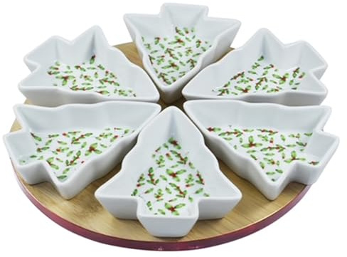 Lesser & Pavey Gift Item Serving Bowls Decorative Set in Christmas Tree Shape 6 Ceramic Snacks Dip Appetizer Olives Bowls Dishes on Round Tray Board