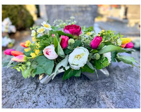 Grabblumen im stabilen Topf mit Beschwerung, EU Handmade 65x30cm | mit künstlichen Pfingstrosen Rosen Tulpen Butterblumen Gänseblümchen - farbenfroh, täuschend echt - für Friedhof Grab Innen & Außen