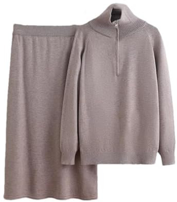 Jegsnoe 2-teiliges Strickset für Damen, mit Reißverschluss, lässiger Pullover, Pullover, hohe Taille, Röcke, Anzüge, khaki, XL