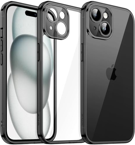 JETech Cover Trasparente per iPhone 15, Anti-Ingiallimento, Nero | Protezione della Fotocamera, Antiurto, Ritagli Precisi, Custodia Antigraffio