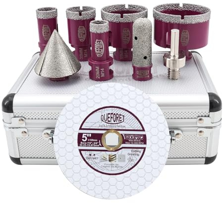 QUEFORET Forets Diamant pour Carrelage 9 Pièces - 20/25/35/55/68mm x M14 Trépan, 20mm Fraise, 50mm Mèche de Chanfrein, Adaptateur, Disque Diamant 125mm pour Céramique Porcelaine Marbre Granit