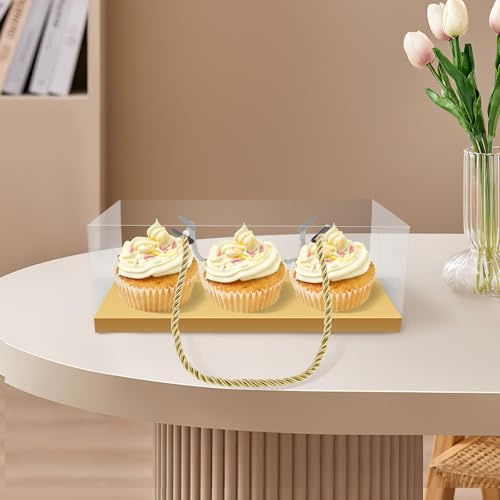 NZWBSHSSP 20Pcs Clear Cupcake Containers Boxes - 3 Hole Standard Cupcake Holders with Handle for Muffin, Party, Wedding, Cake Shop (Gold)