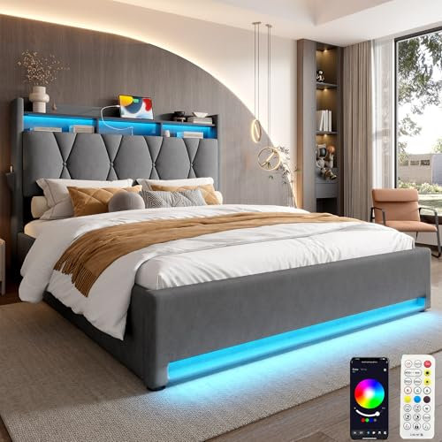 Zepneiy Bett 160x200 mit LED und USB, Polsterbett 160x200 mit Stauraum und Kopfteil, Doppelbett mit Lattenrost Hydraulisches Jugendbett Modernes Bettgestell, Aus Samt Dunkelgrau(Ohne Matratze)