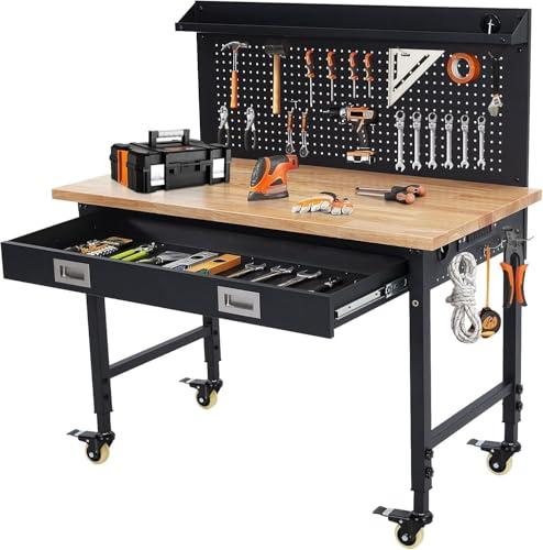 Workbench With Pegboard for The Garage, Height Adjustable Rubber Wood Work Table, Mobile Tool Storage Workstation Unit With Drawer for Workshop Warehouse, 122x 61x 80-100cm