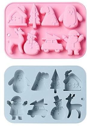 Set di 8 stampi natalizi in silicone con Babbo Natale, renna, pinguino, albero, rosa e grigio, per realizzare cioccolatini e sapone