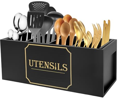Sesaver Kitchen Utensils Holder with Drainage Bottom Wood Utensil Holder with 4 Compartment Kitchen Counter Utensil Organizer Space Saving Wooden Cutlery Caddy for Knife Fork Spoon Knives