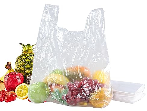 Parlynies Plastic T-Shirt Bags with Handles, Clear Grocery Bags for Supermarket, Household, 400 Counts