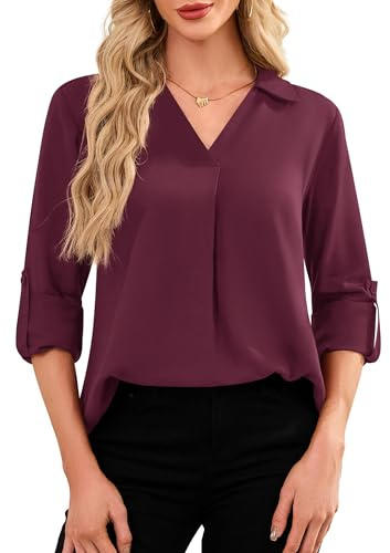 Amoretu Blusen Damen V Ausschnitt Langarm Arbeit Hemdbluse Elegant Longshirt (Weinrot, S)