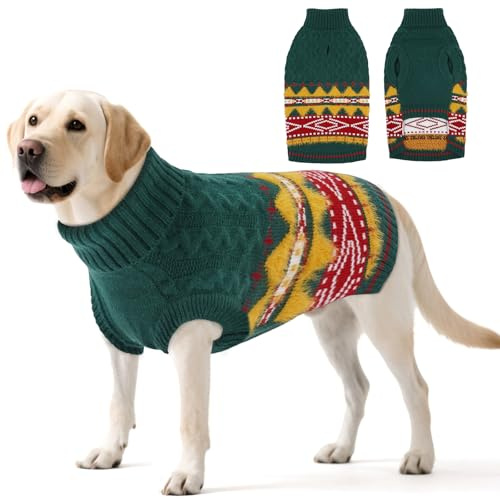 Hjumarayan Hundepullover Große Hunde - Fair Isle Pullover Hund mit Geschirr Öffnung, Weihnachtspullover Elastisch Hundepulli Winter Sweater für Windhund, Border Collie, Grün XL
