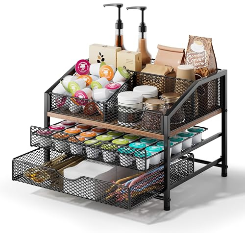 Coffee Bar Organizer for Countertop, Coffee Station Organizer with Removable Dividers, Metal and Wood K Cup Holder Storage Basket for Pods, Syrup, Stirrer and Condiment, Black and Brown