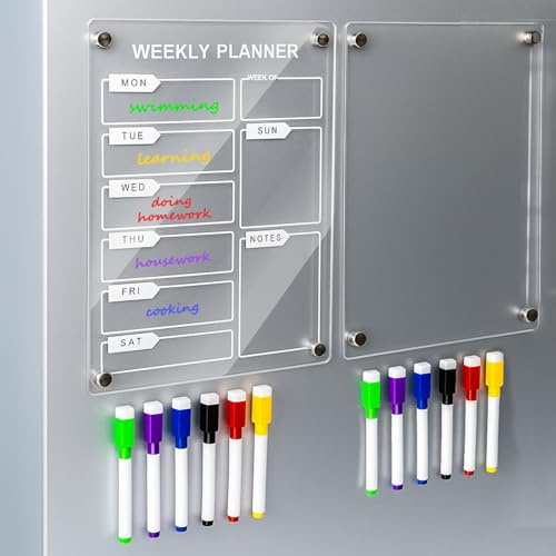 2Pcs Acrylic Magnetic Weekly Menu Planner for Fridge, A4 Clear Daily Meal Planning Board & Memo Dry Erase Whiteboard & 6 Markers for Kitchen Home Calendar Shopping List Reminder 20 * 30 CM
