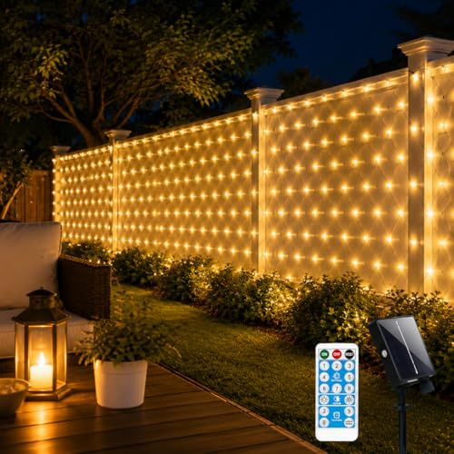 CERIAL Red de luces solares para exteriores, 3,6 x 1,5 m, guirnalda de luces de jardín, luz de malla, funciona con energía solar, luz de árbol, impermeable, con temporizador remoto, 8 modos para