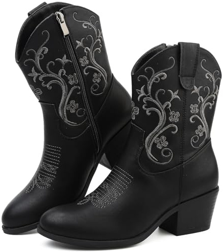 Bravover Cowboy Boots for Women Embroidered Side Zip Block Heel | Western shaft almond toe faux leather upper soft lining textured outsole for festivals country concerts and casual outfits