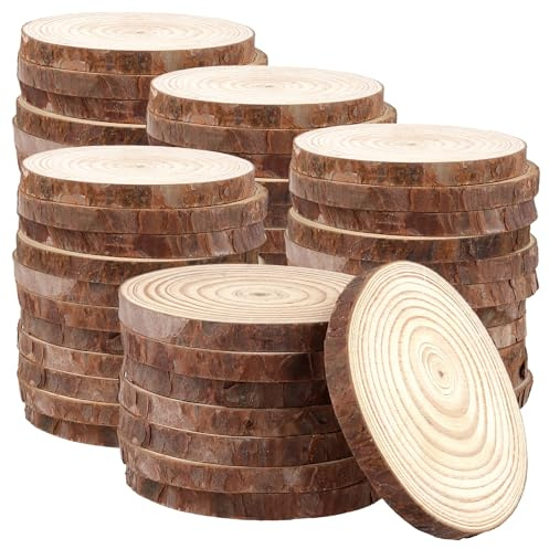YUENPUN 50 Stück Holzscheiben Rund, 9-10cm Baumscheiben zum Basteln, Kiefernholz Scheiben Ohne Loch für DIY Handwerk, Hochzeit Dekoration