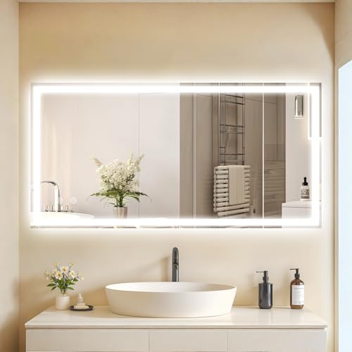Clevich Badrumsspegel med belysning 120 × 60 cm, LED-spegel med 3 ljusfärger dimbar, härdat glas explosionsskydd, pekbrytare, minnesfunktion, dimfri, badrumsspegel med ljus